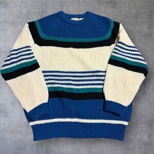 Vintage Sears Cable Knit Fisherman Sweater Striped Size XL Korea Made Outdoor